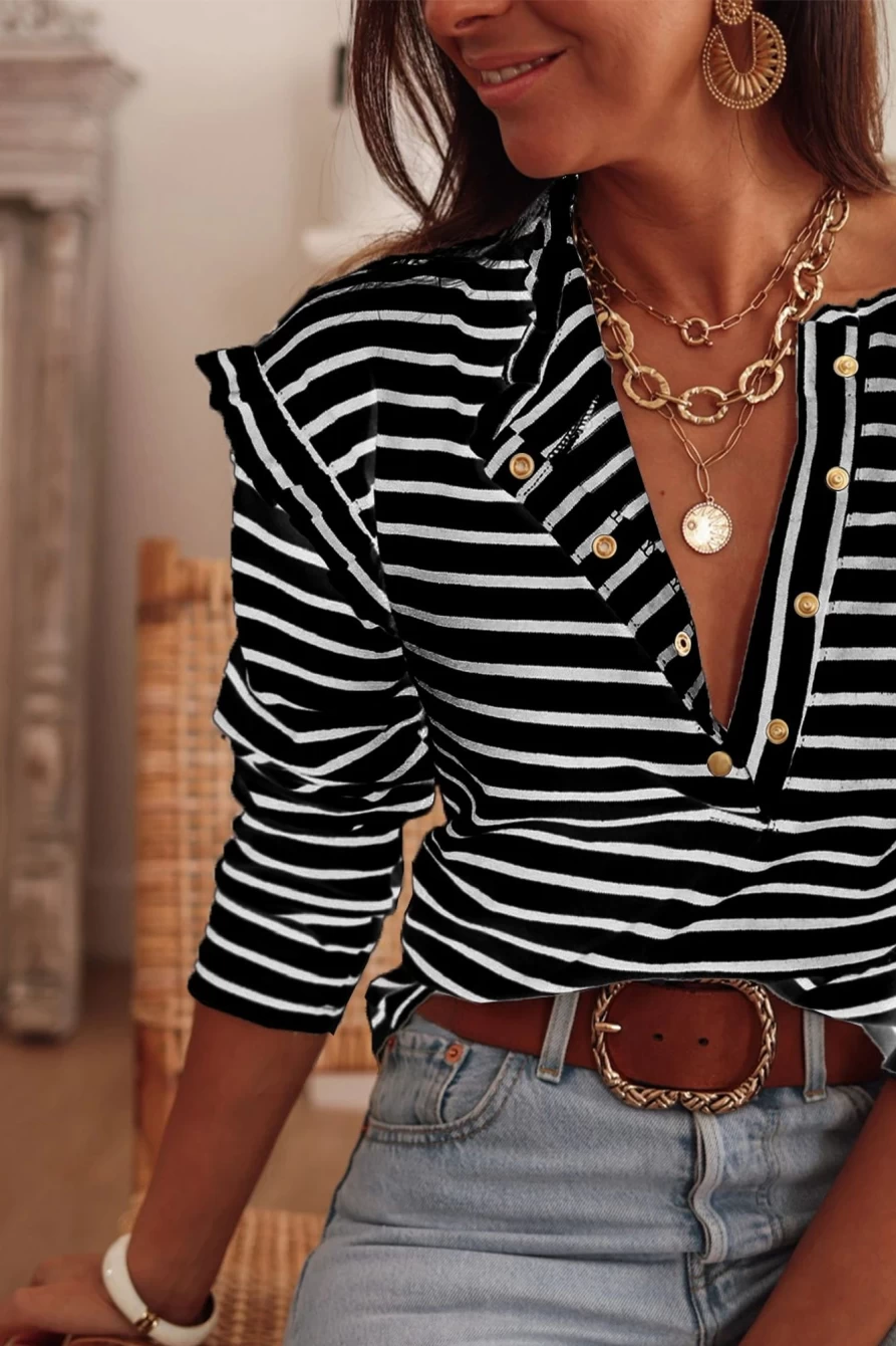 Shewin Women's Black Striped Henley Shirt with Snap Buttons - Casual Long Sleeve Top