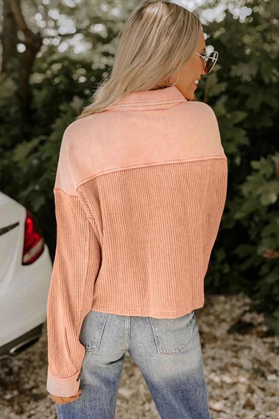 Women's Orange Waffle Knit Cropped Shacket with Patchwork Chest Pockets - SHEWIN