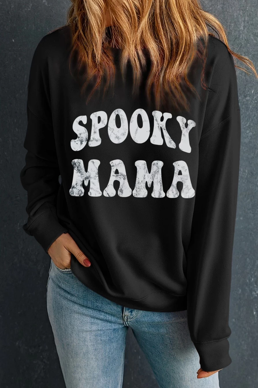 "Women's Black Spooky Mama Letter Graphic Sweatshirt | SHEWIN Halloween Pullover"