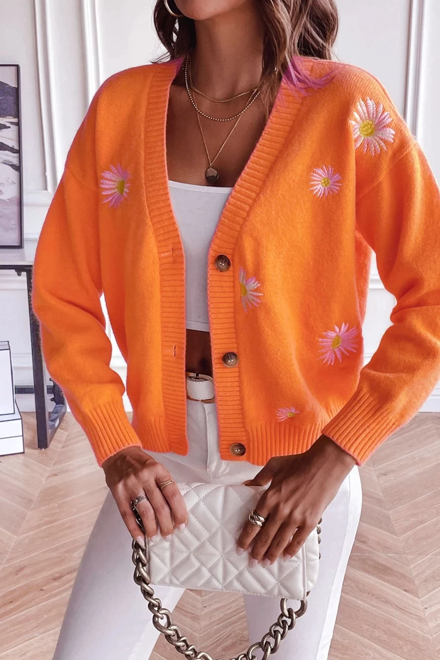 Women's Russet Orange Embroidered Daisy V-Neck Button Up Cardigan | SHEWIN