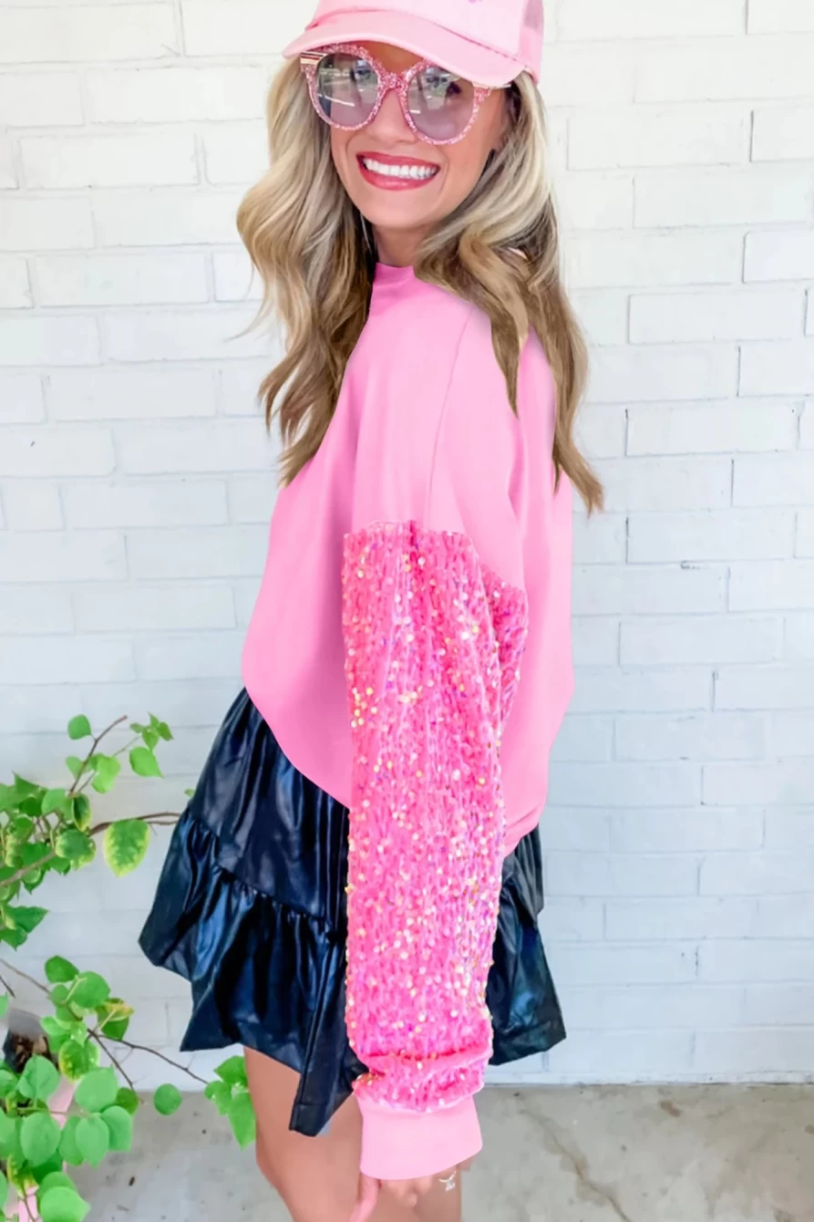 Shewin Women's Pink Sequin Patchwork Long Sleeve Pullover Top