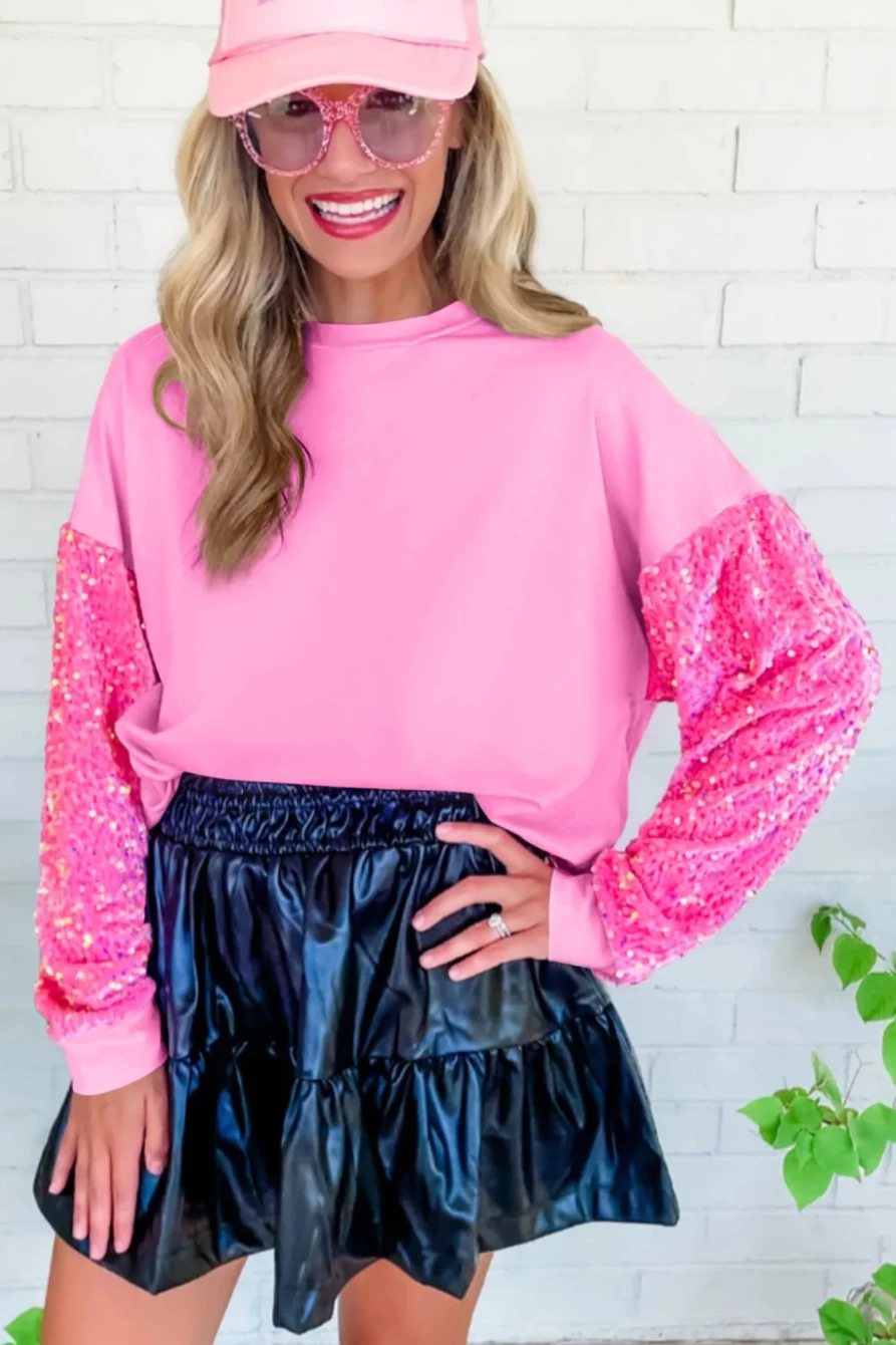 Shewin Women's Pink Sequin Patchwork Long Sleeve Pullover Top