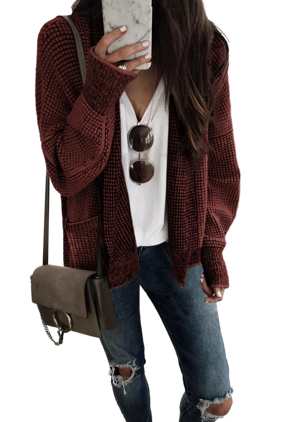 Women's Red Chunky Knit Cardigan with Drop Sleeves and Pockets - Shewin