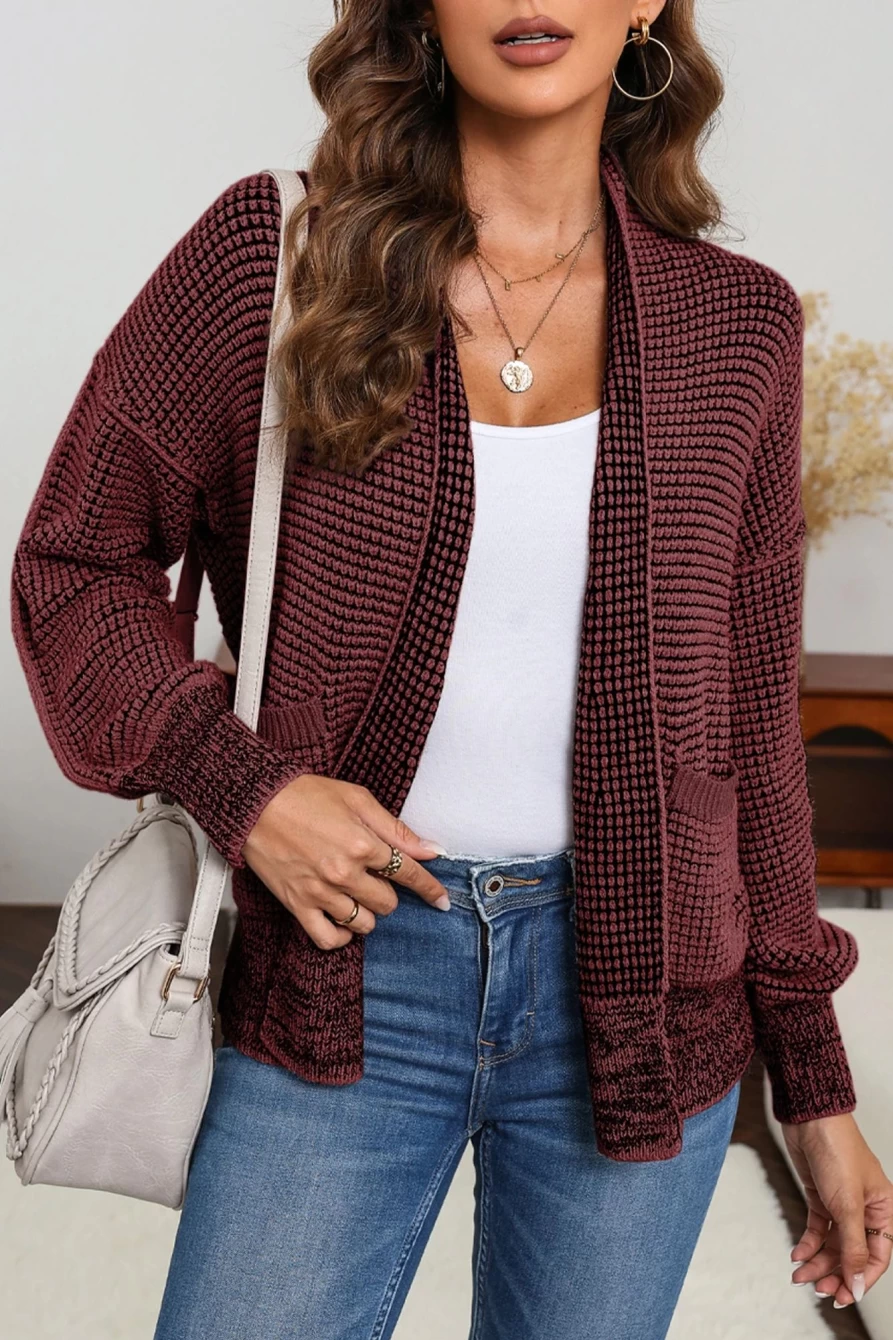 Women's Red Chunky Knit Cardigan with Drop Sleeves and Pockets - Shewin
