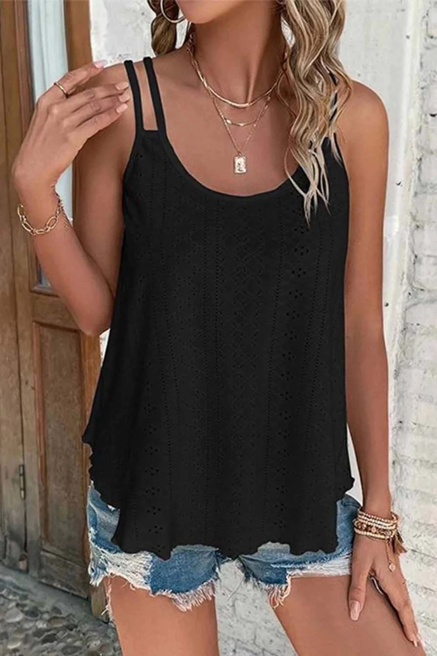 Shewin Women's Black Eyelet Strappy Scoop Neck Tank Top