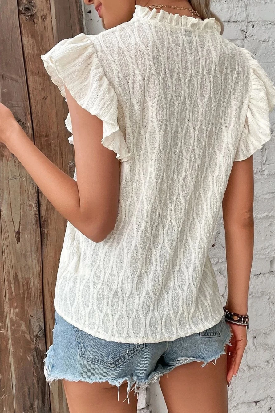 Shewin Women's Beige V-Neck Textured Ruffle Short Sleeve Blouse
