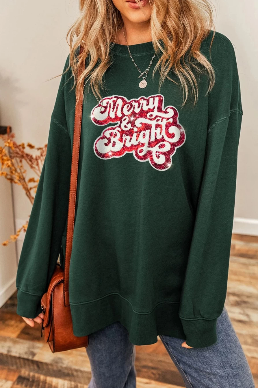Shewin Women's Duffel Green Merry & Bright Graphic Round Neck Long Sleeve Sweatshirt