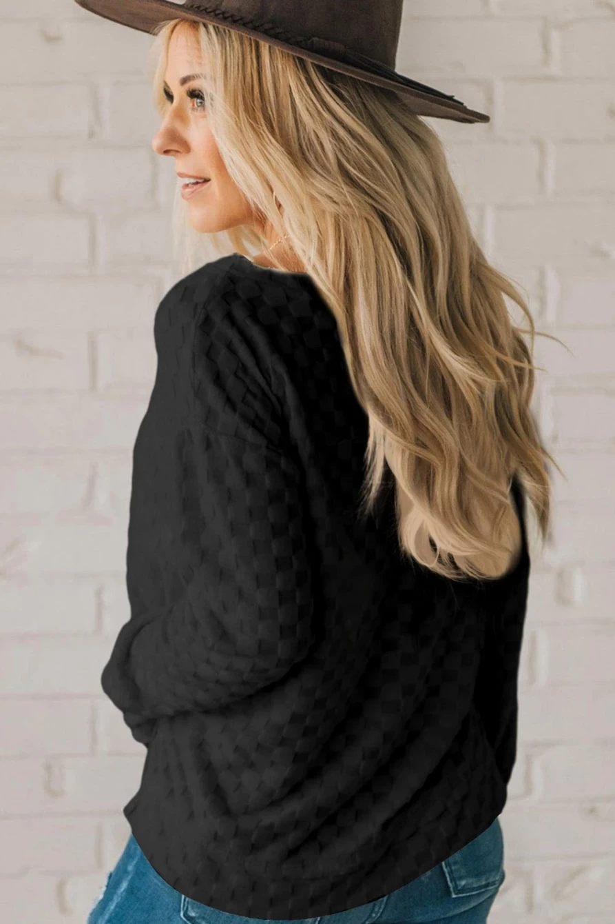 Shewin Women's Black Checkered Furry Thumbhole Long Sleeve Top