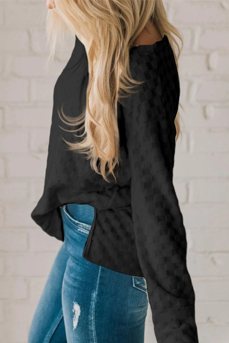 Shewin Women's Black Checkered Furry Thumbhole Long Sleeve Top