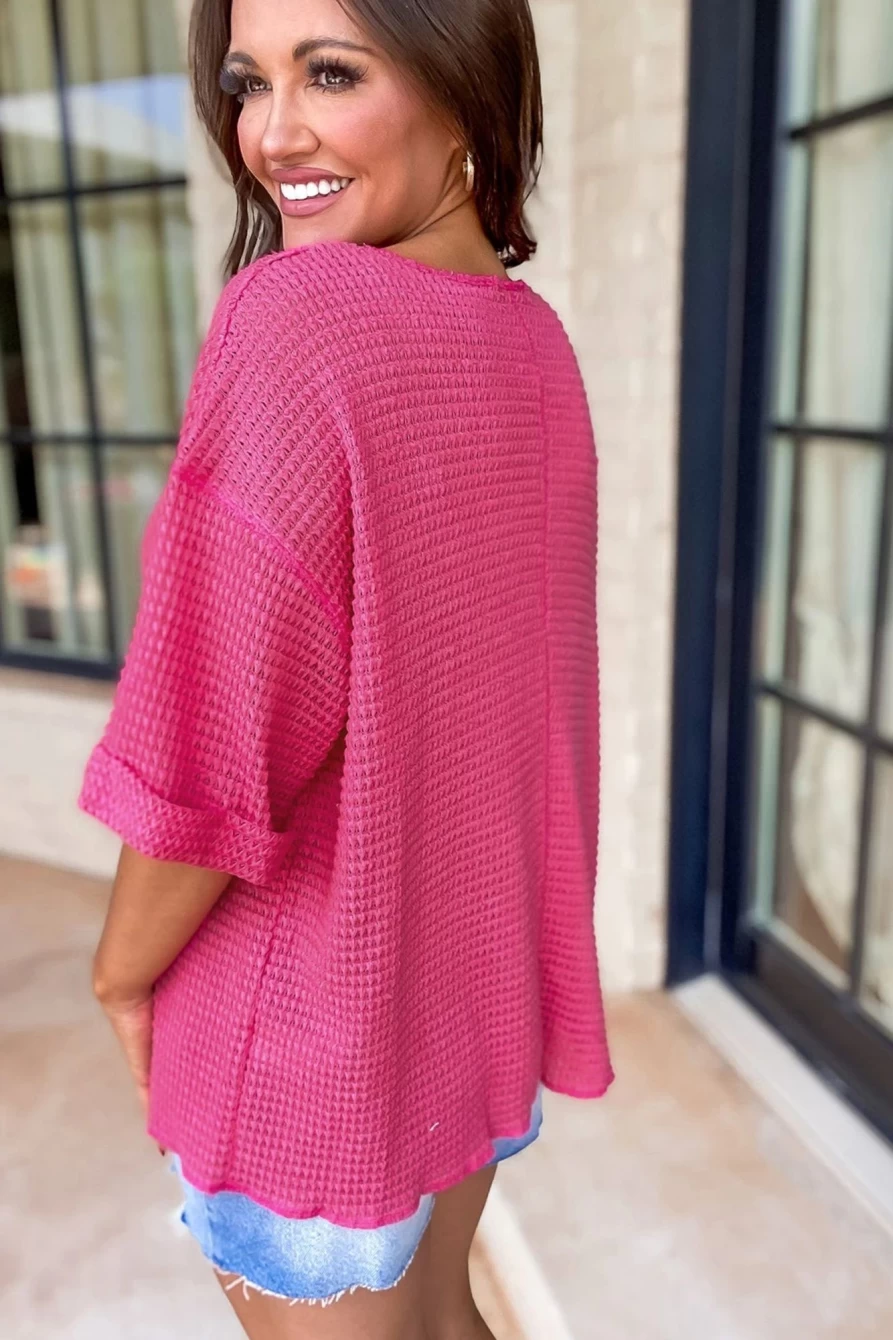 Shewin Women's Strawberry Pink Textured Knit Split Neck Short Sleeve T-Shirt