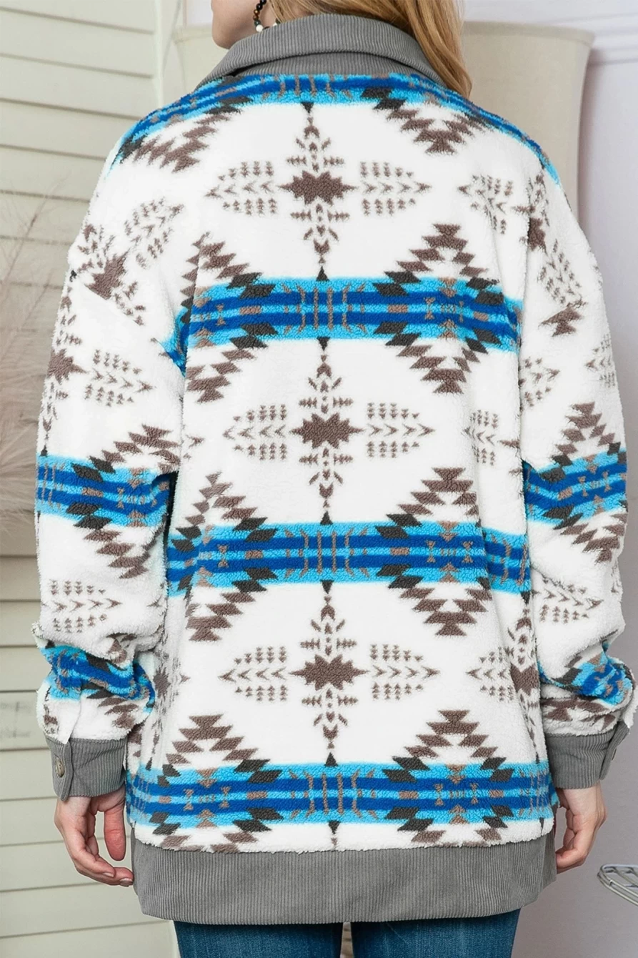 Shewin Women's White Geometric Sherpa Jacket with Corduroy Trim