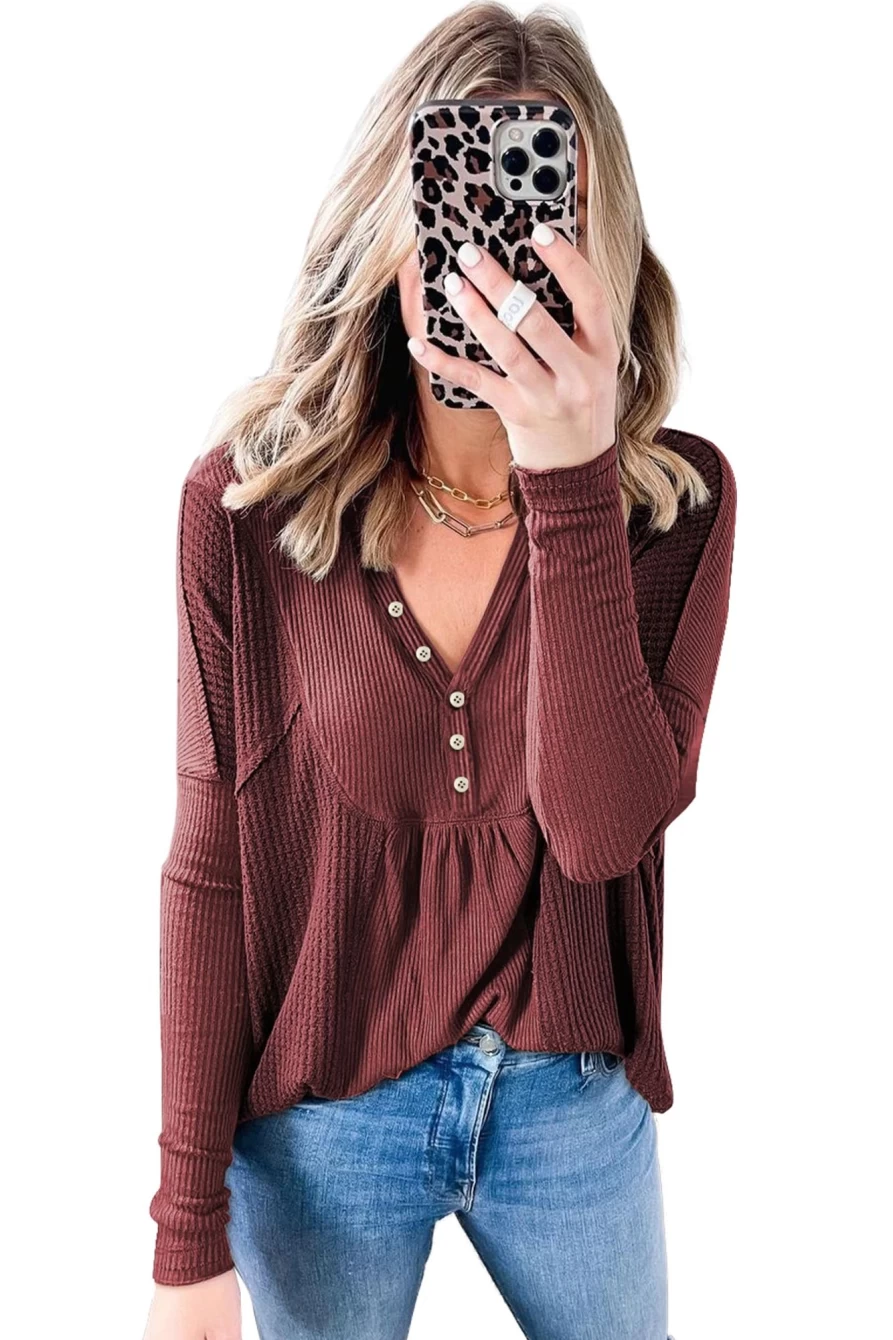 Shewin Women's Ruby Waffle & Ribbed Patchwork Henley Tunic Top