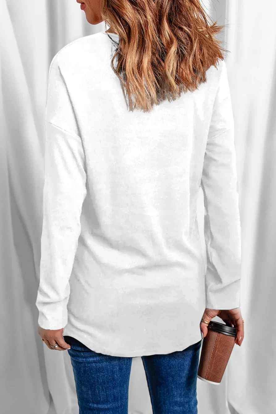Shewin Women's White V-Neck Long Sleeve Knit Top - Solid Color Casual Pullover Sweater