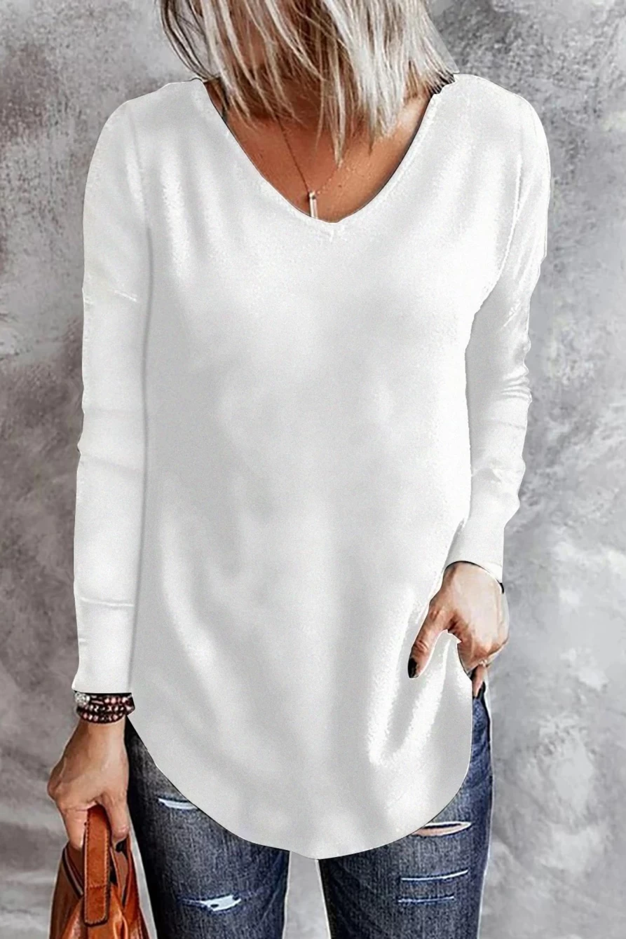 Shewin Women's White V-Neck Long Sleeve Knit Top - Solid Color Casual Pullover Sweater