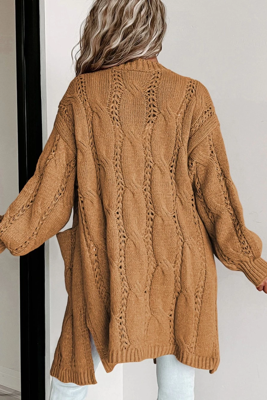 Shewin Women's Khaki Ribbed Trim Hollow Knit Cardigan with Side Slits