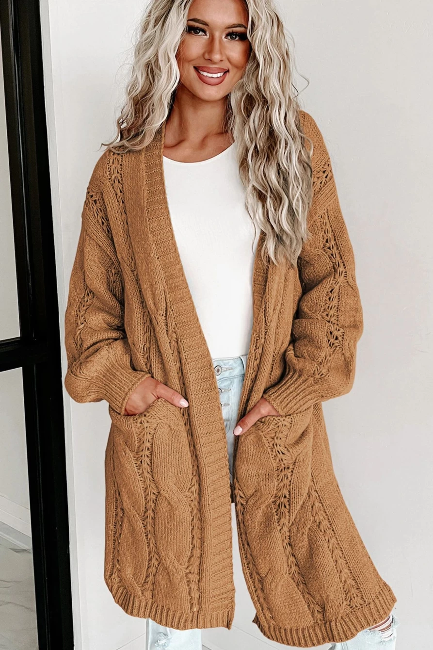 Shewin Women's Khaki Ribbed Trim Hollow Knit Cardigan with Side Slits