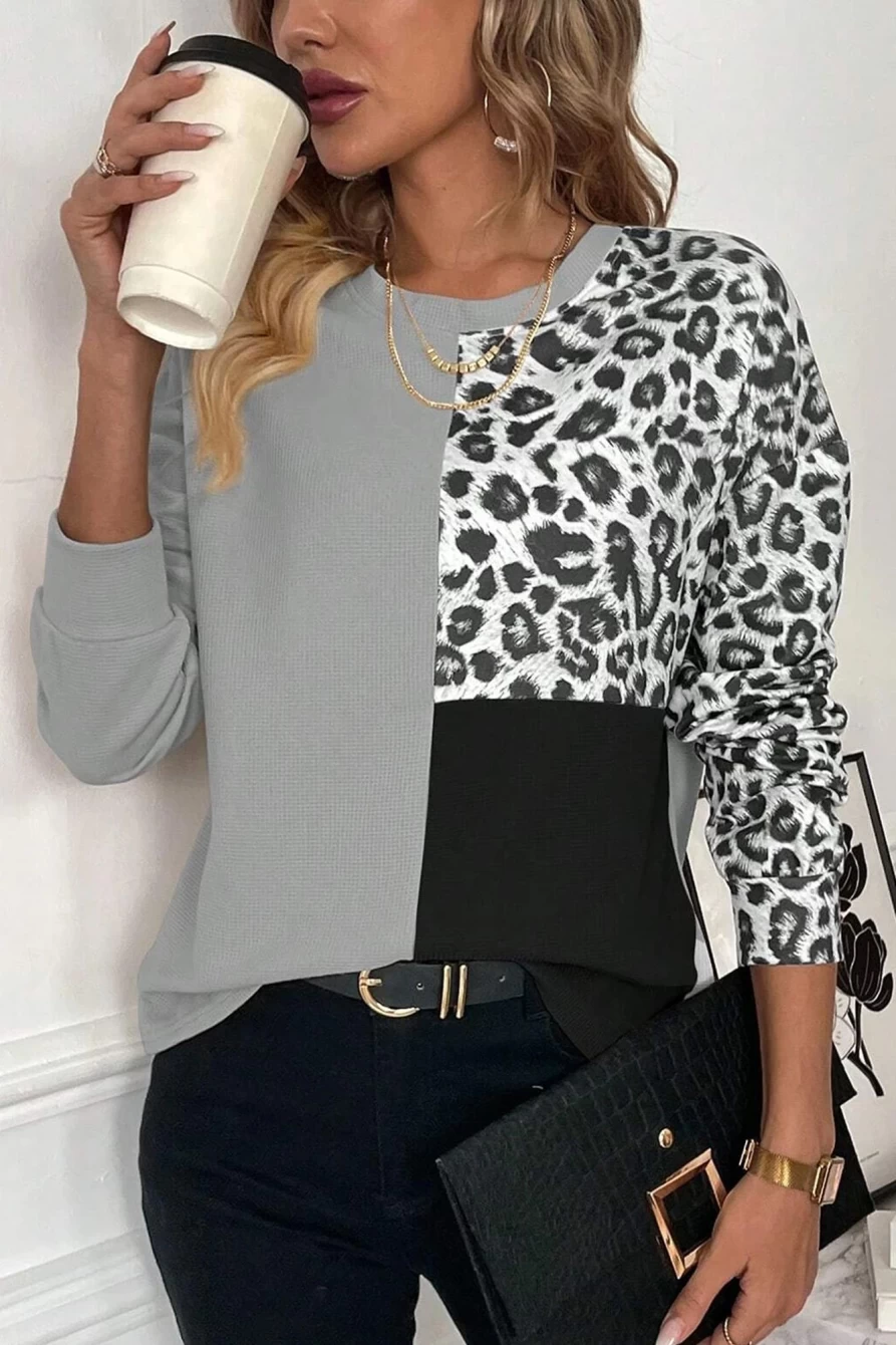 Shewin Women's Light Grey Leopard Print Waffle Knit Long Sleeve Casual Top