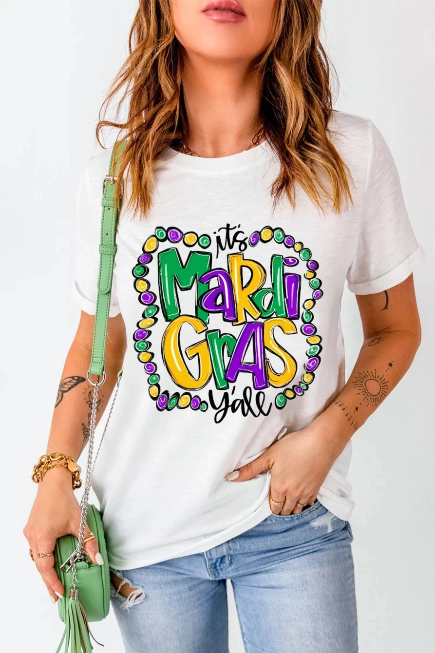 "SheWin Women's White Casual Mardi Gras Graphic T-Shirt - 'It's Mardi Gras Y'all' Design"