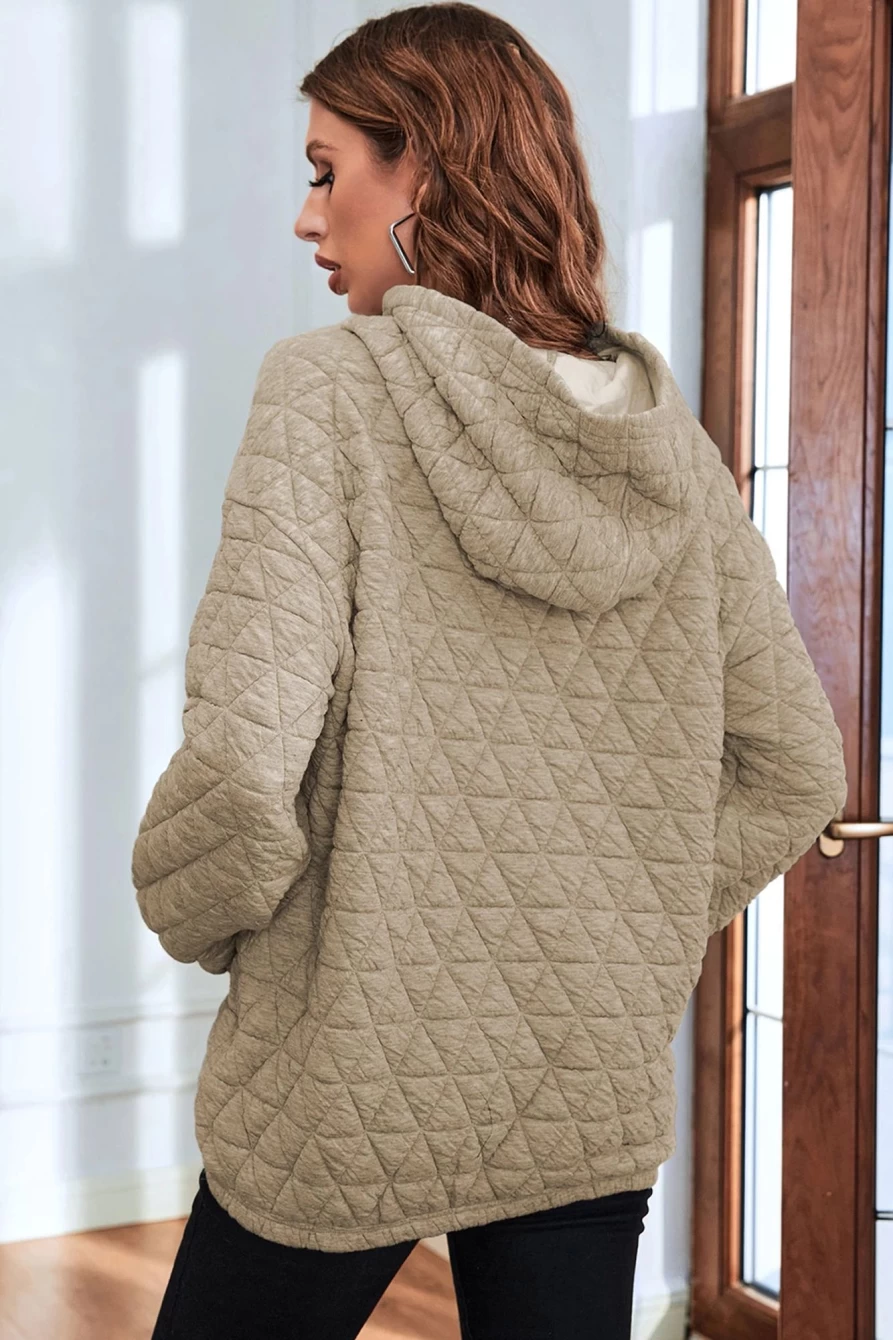 Shewin Women's Pale Khaki Thermal Quilted Hoodie with Kangaroo Pockets