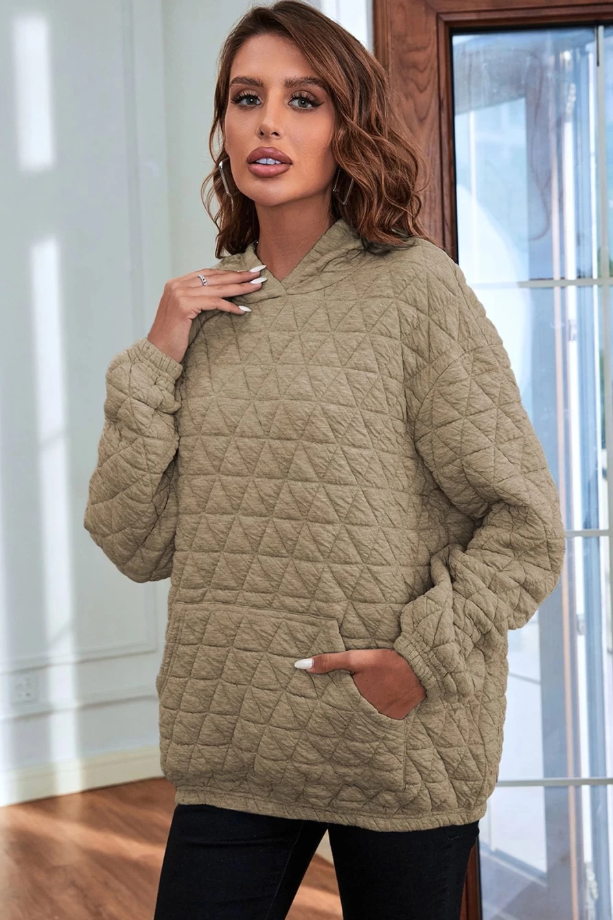 Shewin Women's Pale Khaki Thermal Quilted Hoodie with Kangaroo Pockets