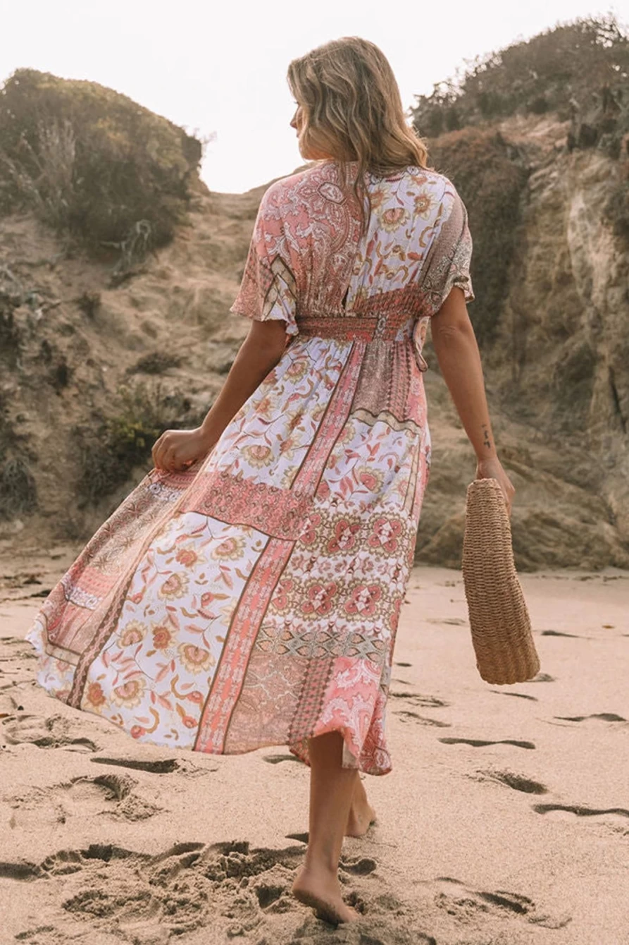 "SheWin Women's Red Boho Print Deep V-Neck Kimono Sleeve Beach Dress with Side Split"