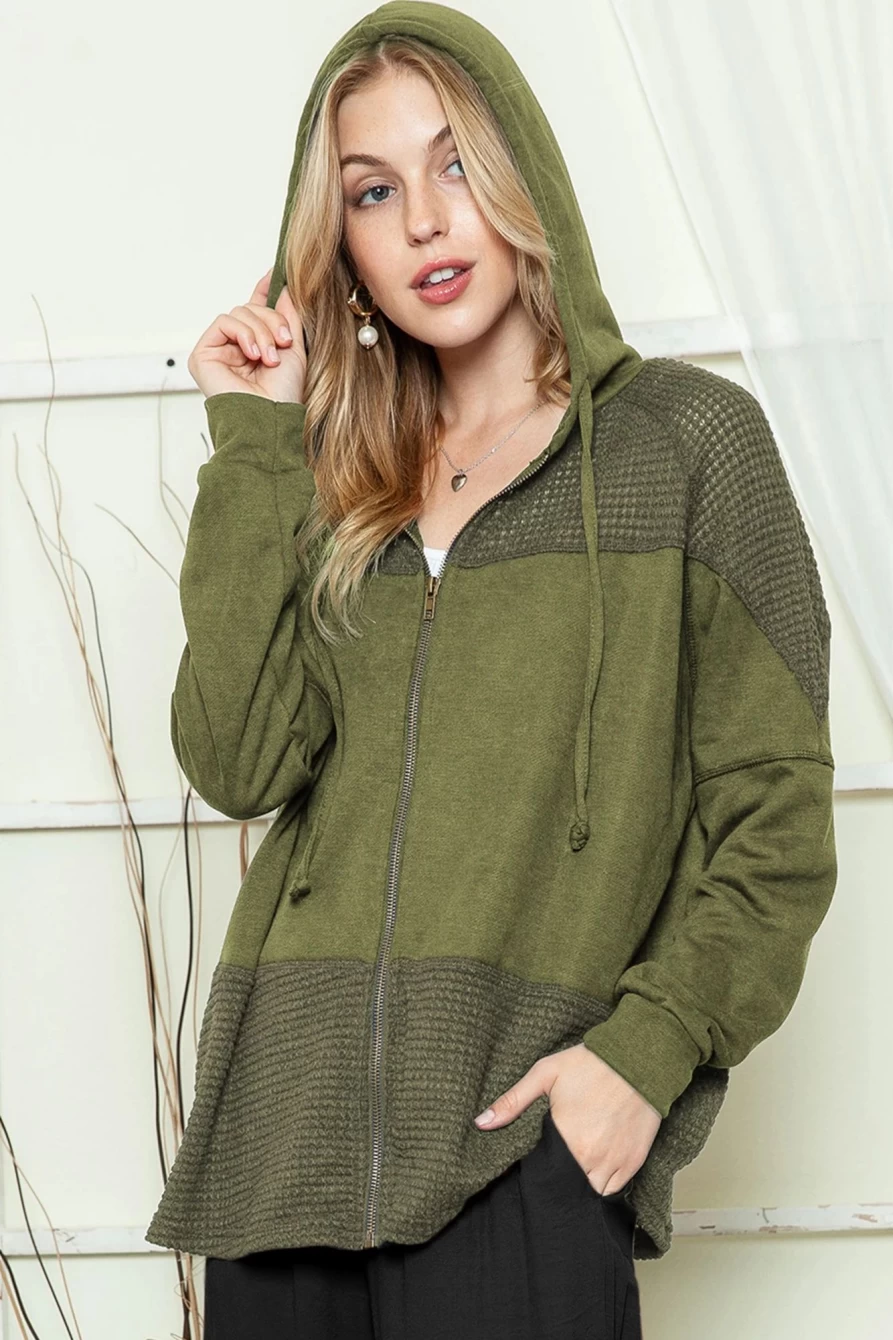 Shewin Women's Green Dark Washed Patchwork Zip Up Hooded Jacket