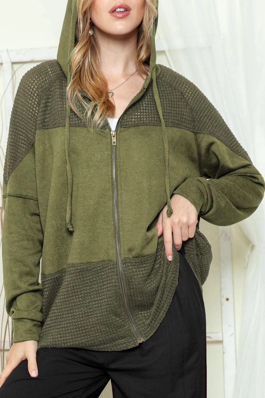 Shewin Women's Green Dark Washed Patchwork Zip Up Hooded Jacket