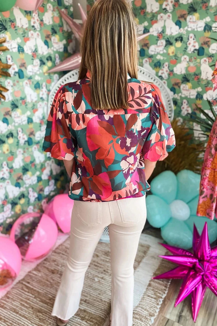 "SheWin Women's Rose Red Floral Print V-Neck Lantern Sleeve Blouse"