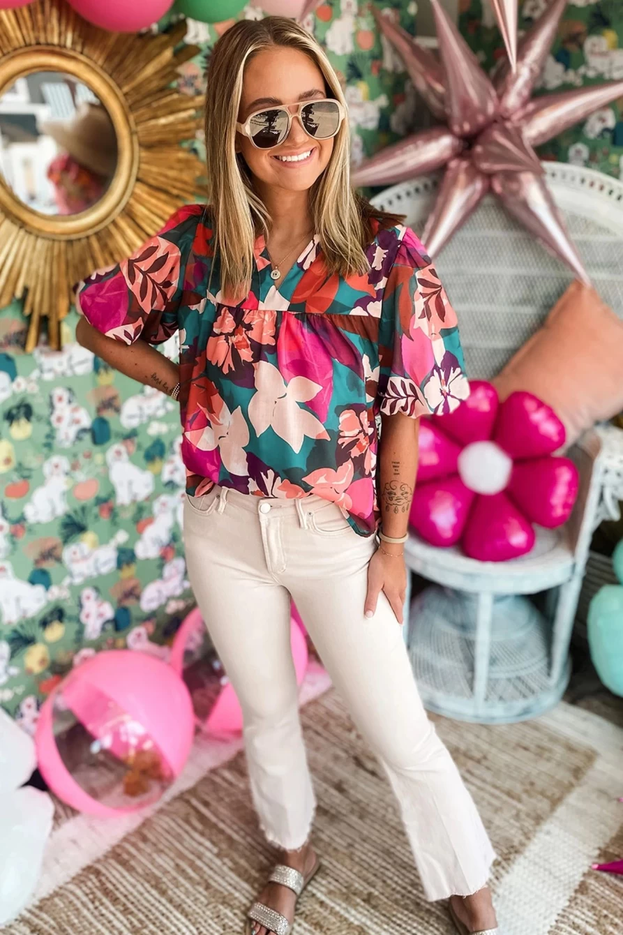 "SheWin Women's Rose Red Floral Print V-Neck Lantern Sleeve Blouse"