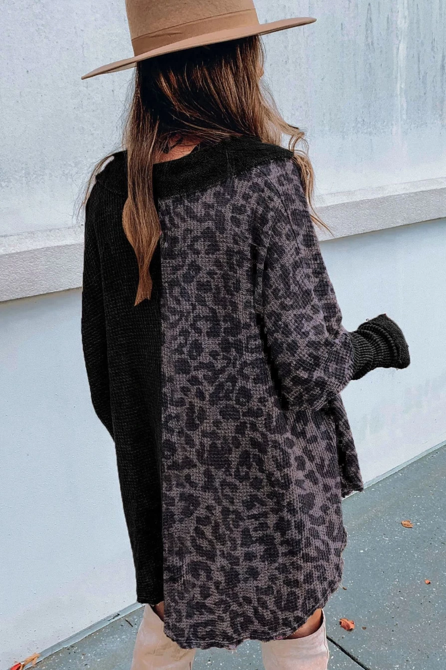 Shewin Women's Black Waffle Knit Leopard Print Oversized Henley Shirt - Color Block Design