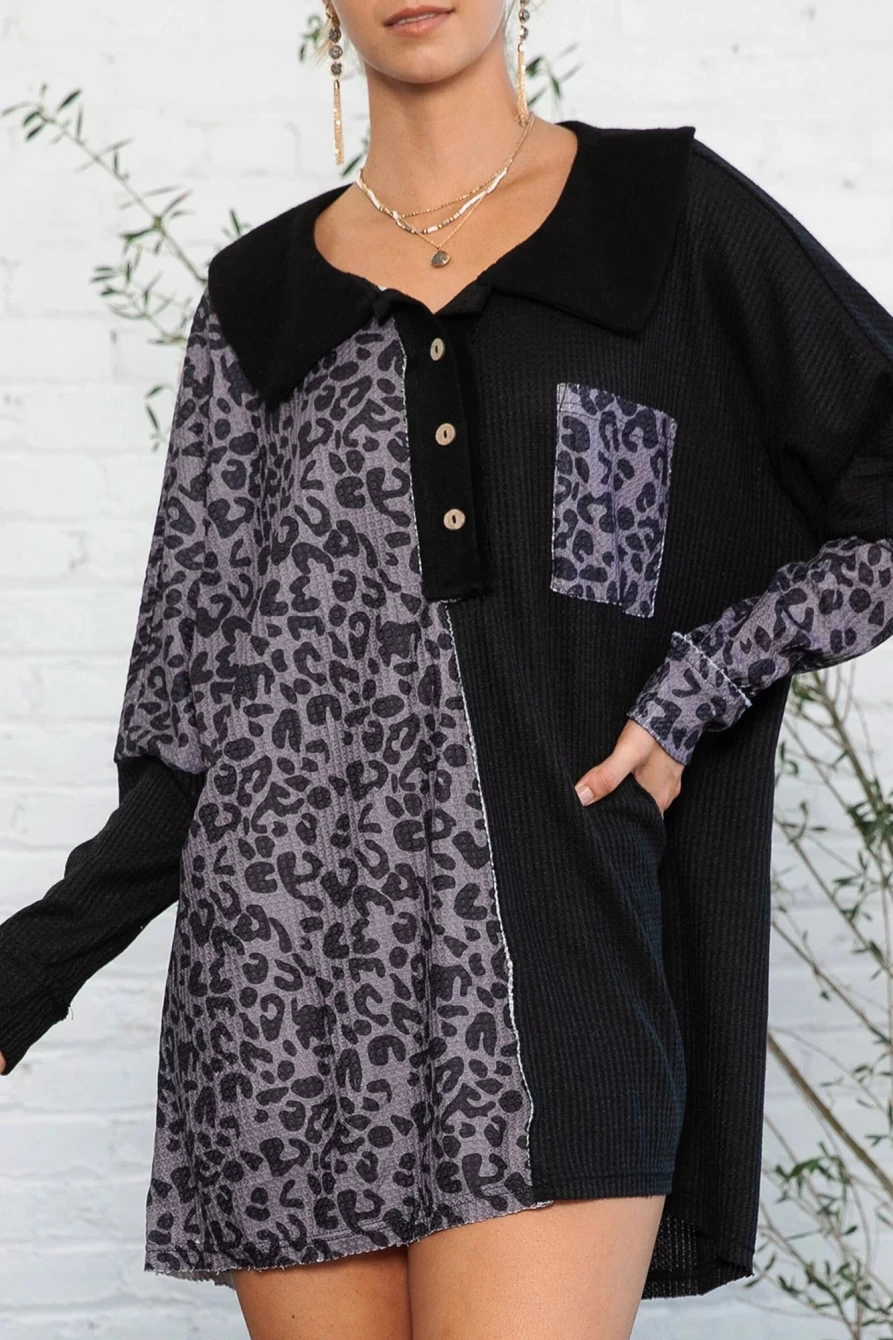 Shewin Women's Black Waffle Knit Leopard Print Oversized Henley Shirt - Color Block Design