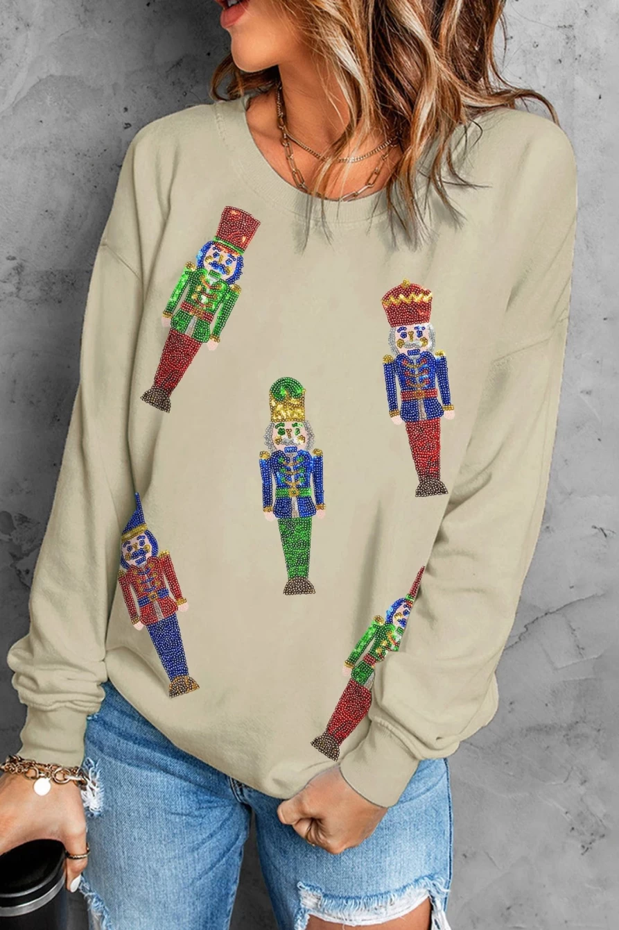 Shewin Women's Khaki Sequins Nutcracker Graphic Casual Sweatshirt