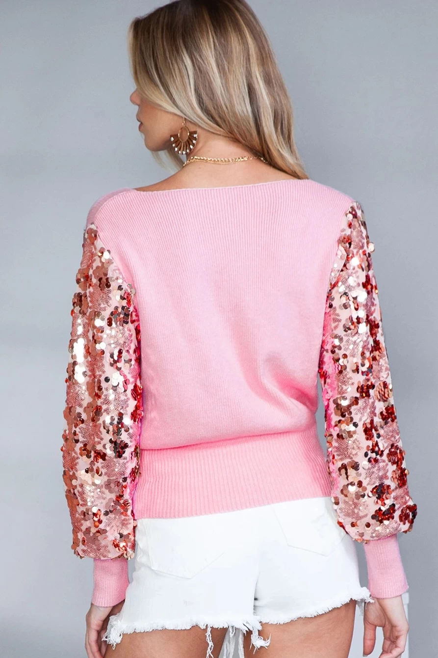 Shewin Women's Pink Sequins & Ribbed Knit Sweater with Sleeve Splicing Detail