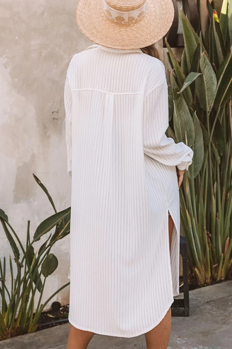 Women's White Striped Button-Up Long Sleeve Swimsuit Cover Up by Shewin