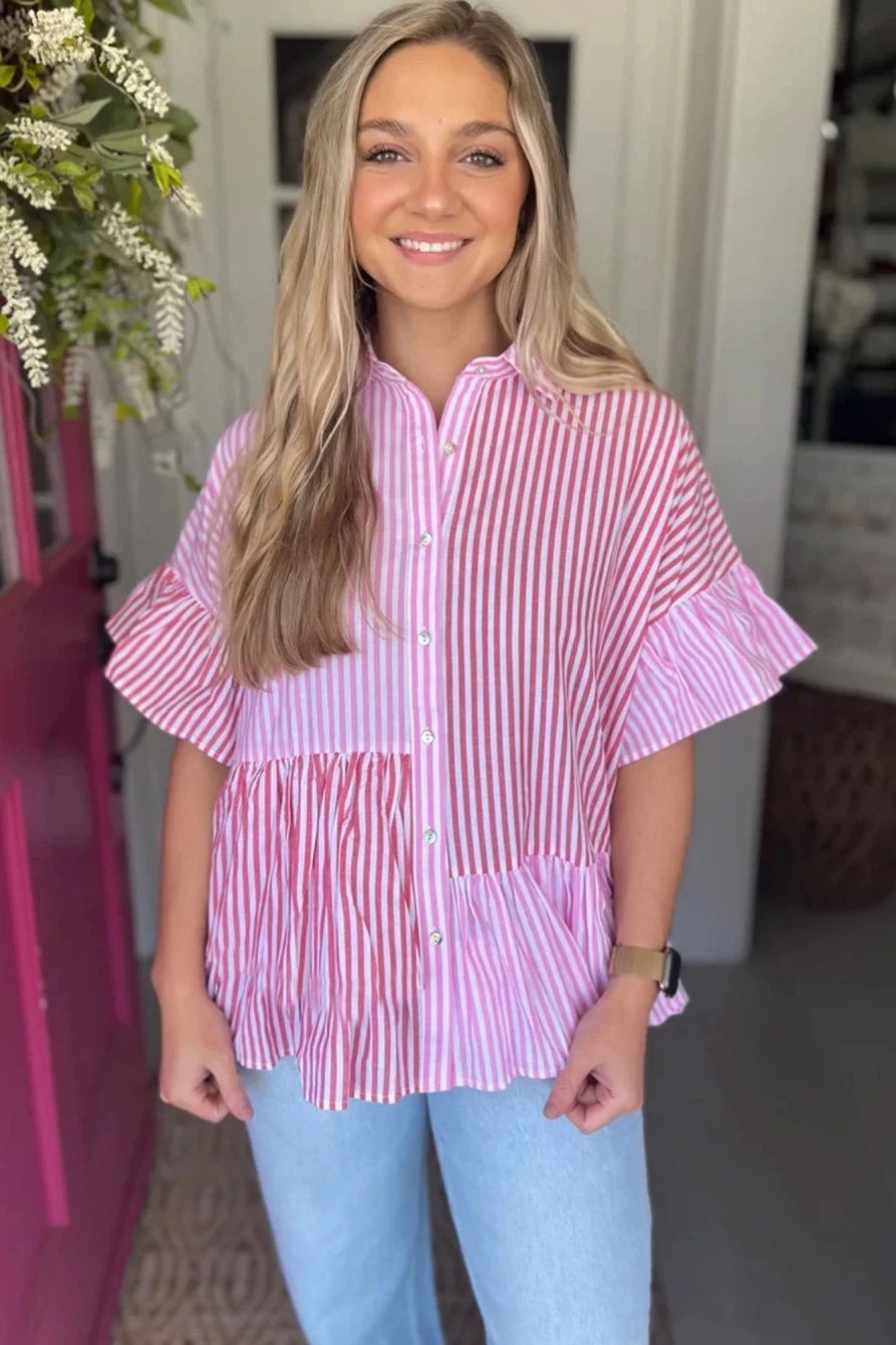 Shewin Women's Pink Stripe Patchwork Ruffle Button Up Shirt