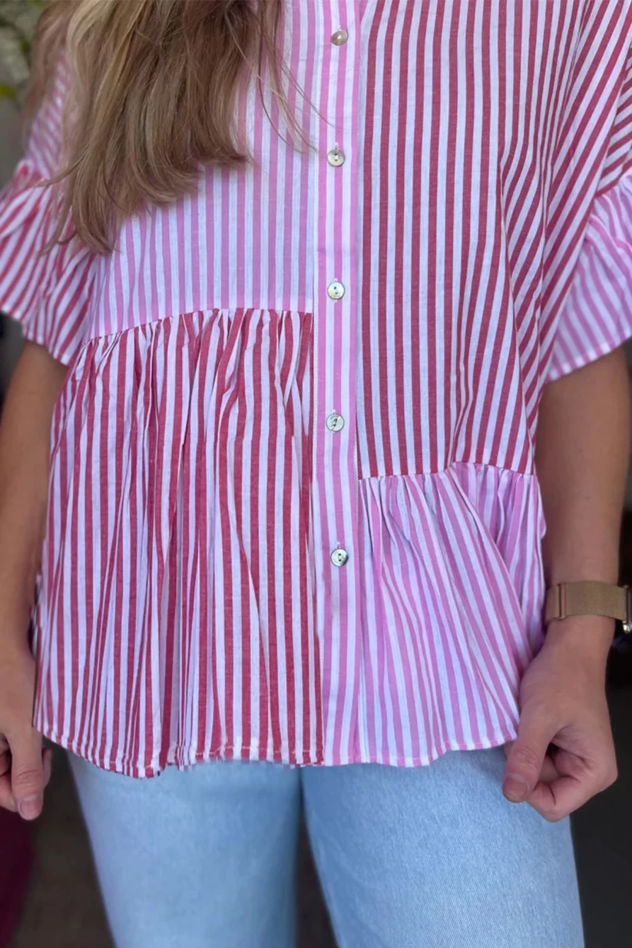 Shewin Women's Pink Stripe Patchwork Ruffle Button Up Shirt