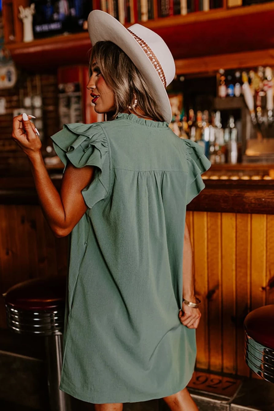 Shewin Women's Mist Green Sequin Clover Graphic Ruffled Shift Mini Dress