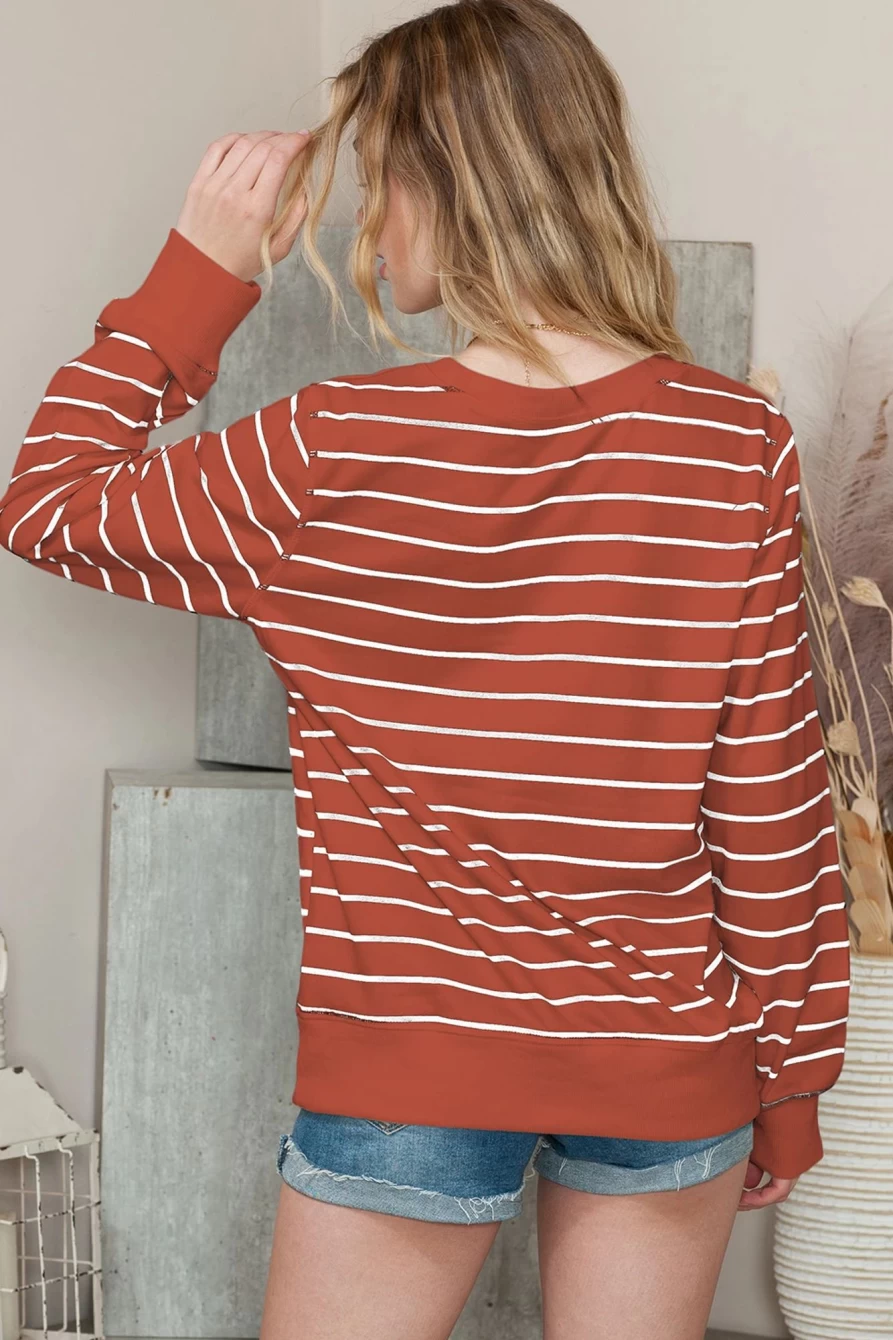Shewin Women's Red Striped Casual Long Sleeve Pullover Top