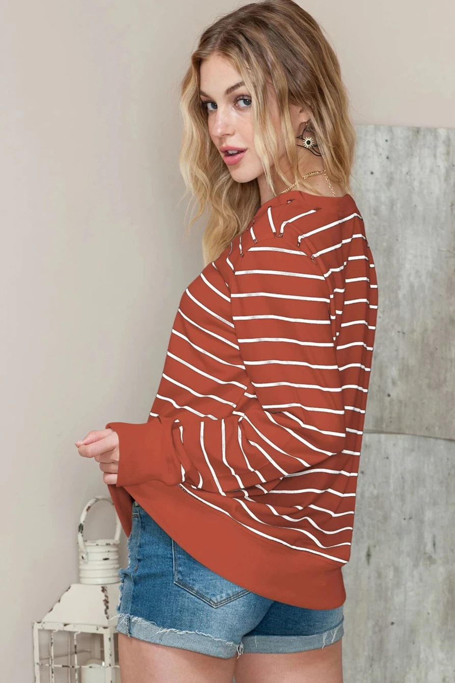 Shewin Women's Red Striped Casual Long Sleeve Pullover Top
