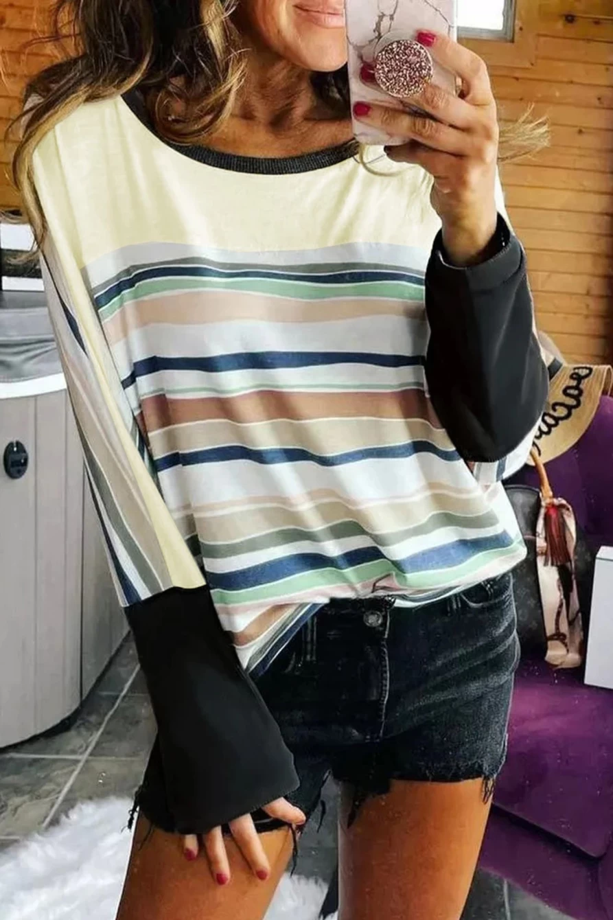 Shewin Women's Striped Casual Long Sleeve Top - Multicolor Comfortable Blouse