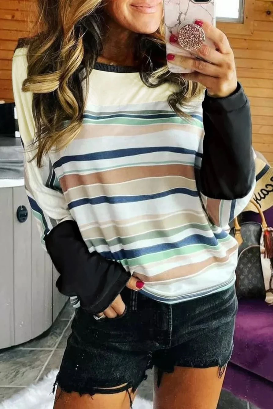 Shewin Women's Striped Casual Long Sleeve Top - Multicolor Comfortable Blouse