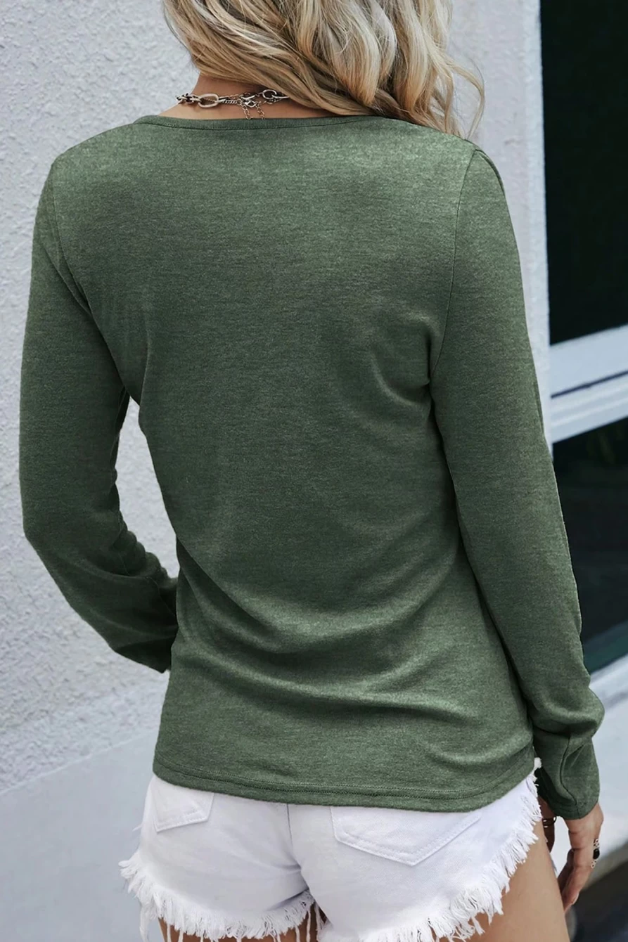Women's Mist Green Long Sleeve Snap Button Henley Top by Shewin