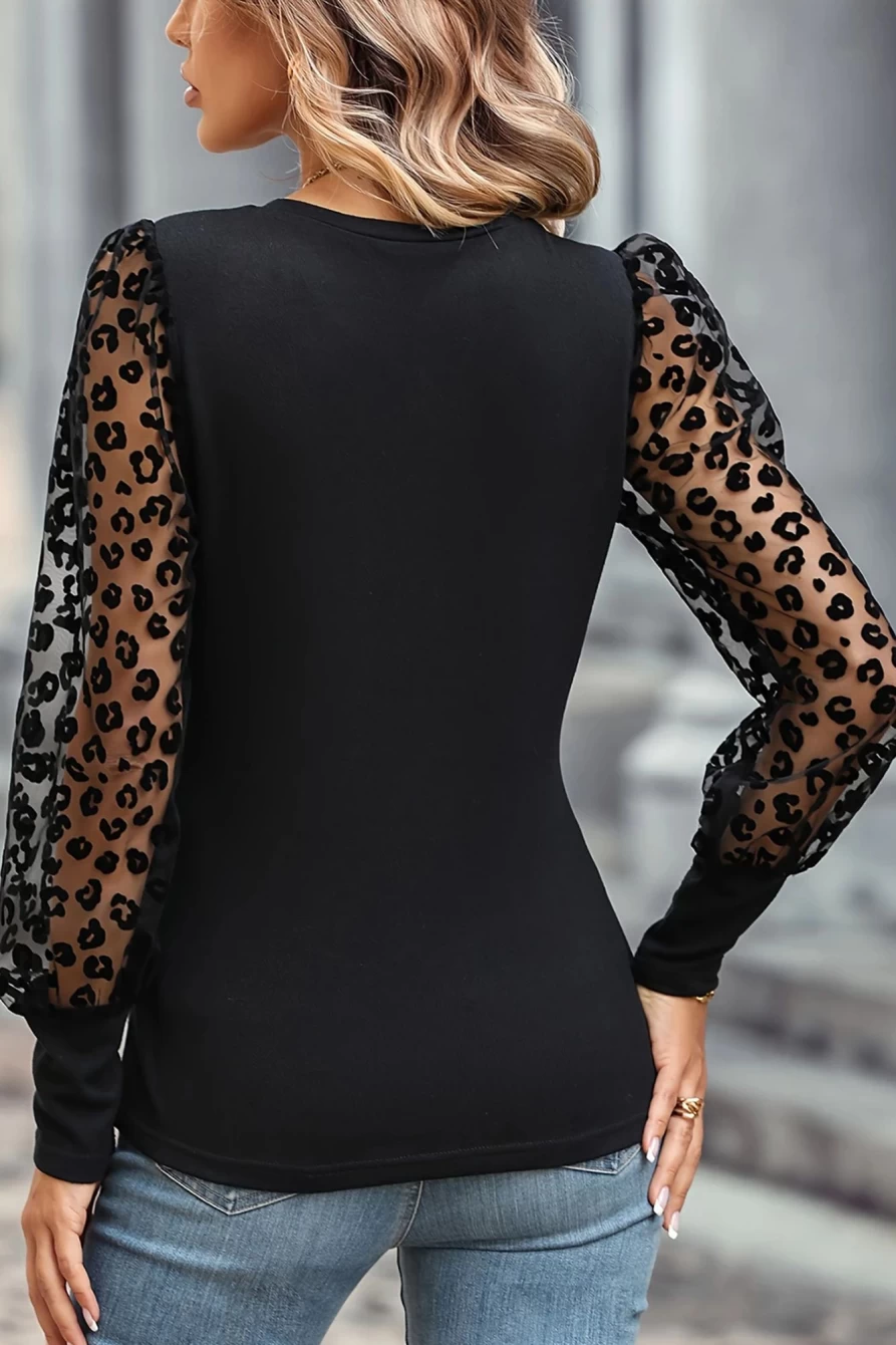 Shewin Women's Black Leopard Print See-Through Peasant Blouse Casual Long Sleeve Shirt