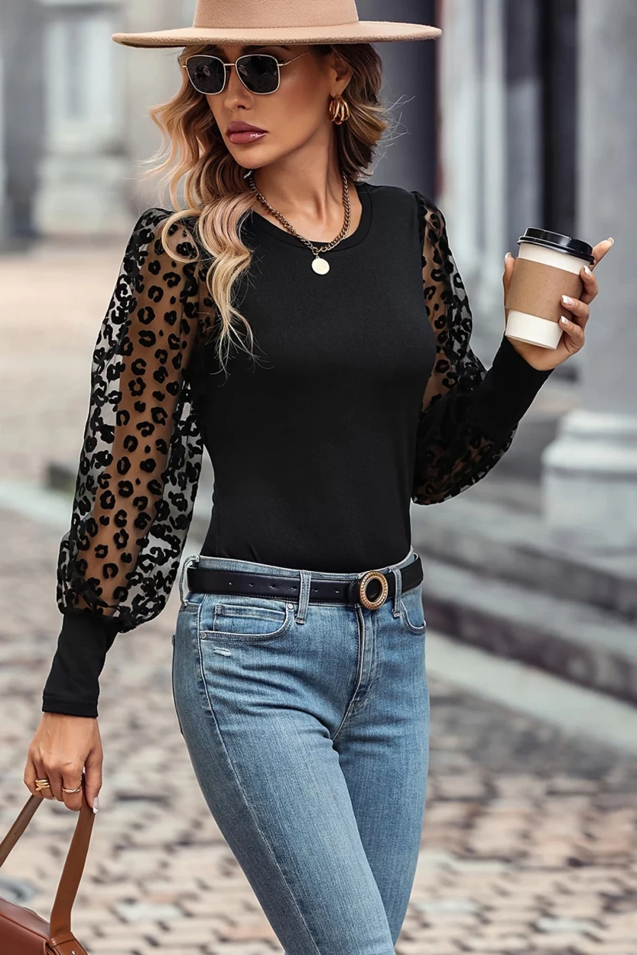 Shewin Women's Black Leopard Print See-Through Peasant Blouse Casual Long Sleeve Shirt
