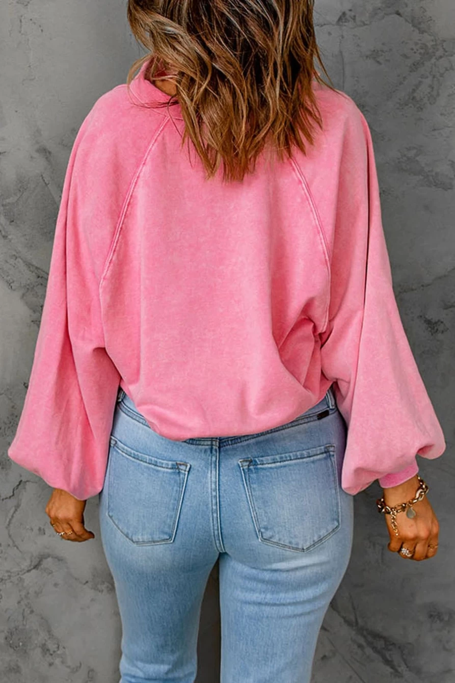 Shewin Women's Pink Sequin Floral Henley Sweatshirt with Embroidered Patch Detail