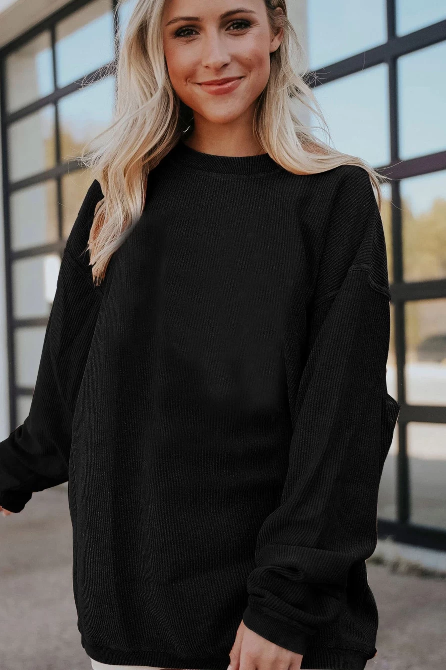 Shewin Women's Black Oversized Ribbed Sweatshirt - Solid Color Casual Pullover