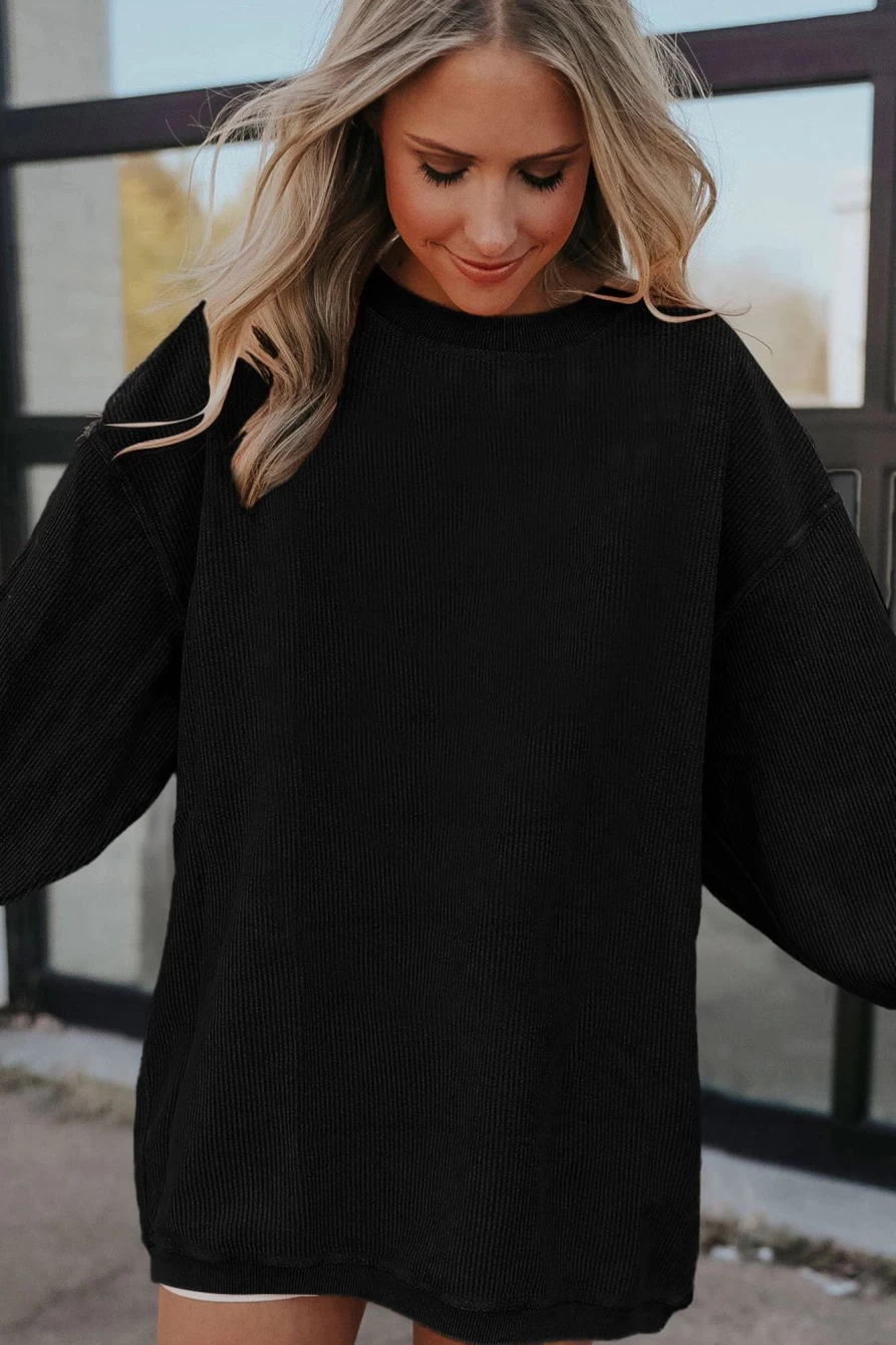 Shewin Women's Black Oversized Ribbed Sweatshirt - Solid Color Casual Pullover