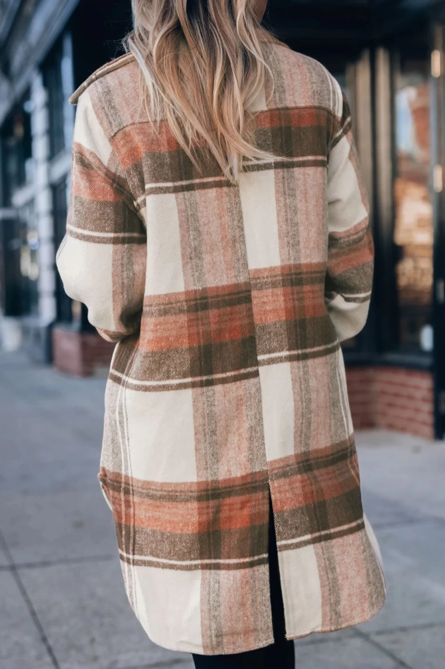 Women's Brown Plaid Flannel Shacket by Shewin - Casual Long Button-Up with Flap Pockets