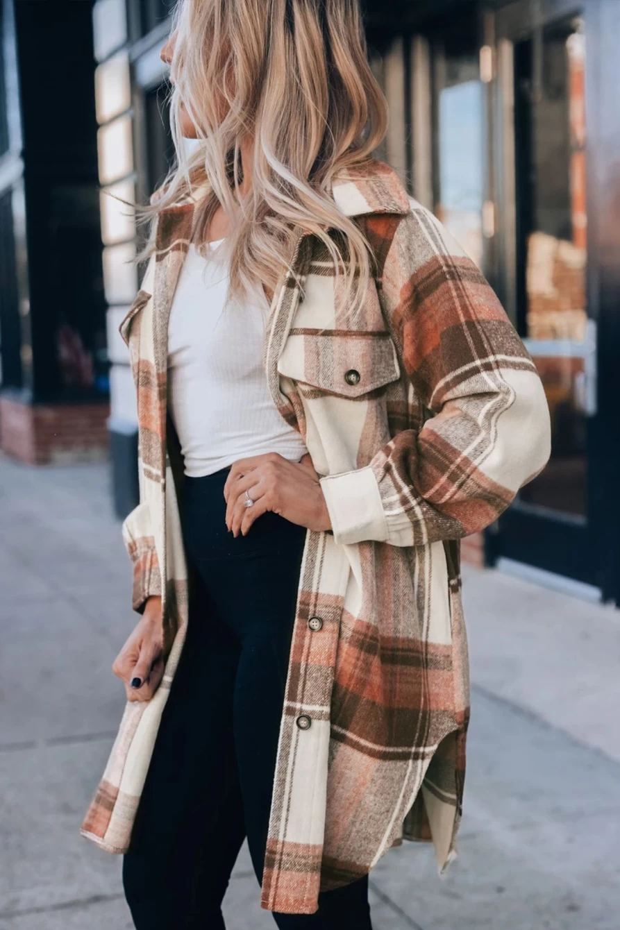 Women's Brown Plaid Flannel Shacket by Shewin - Casual Long Button-Up with Flap Pockets