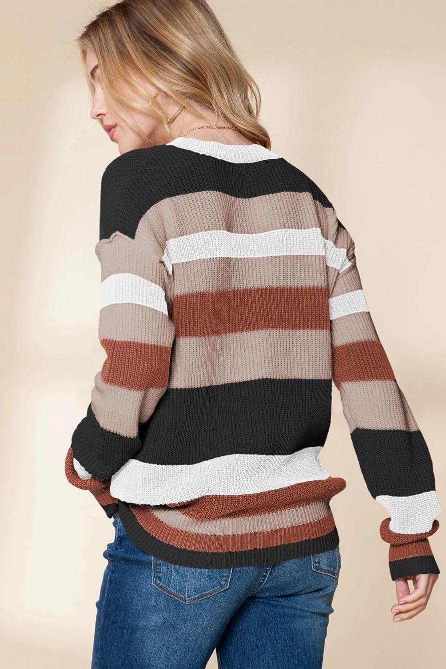 "Shewin Women's Simply Taupe Striped Color Block Knit Sweater - Crewneck Pullover"